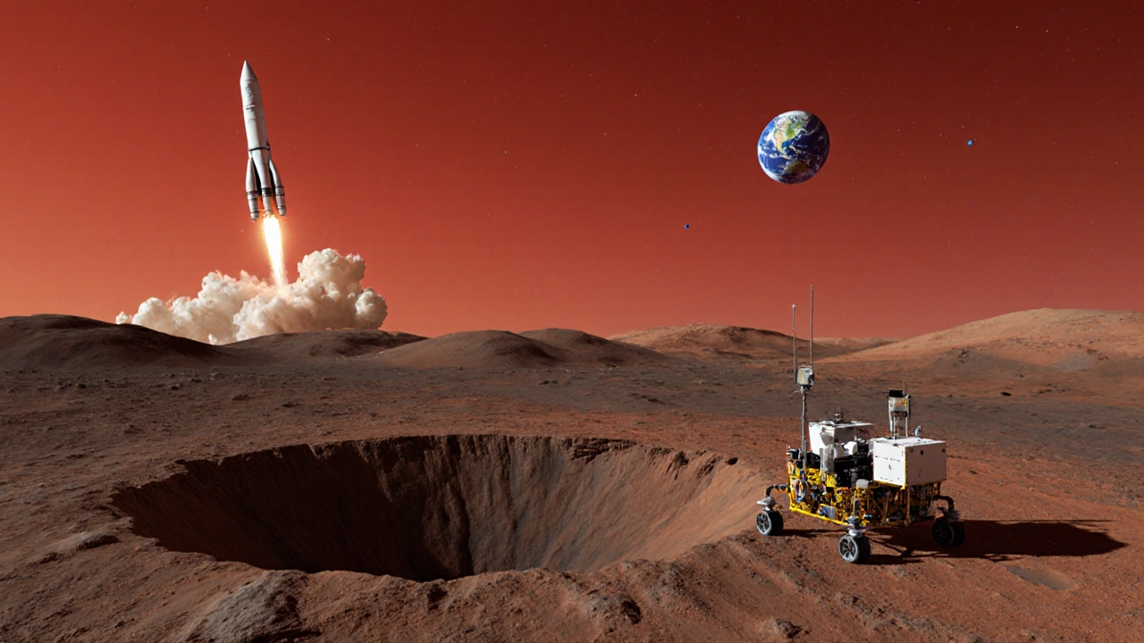Mars lander ascending with sample tubes as Earth glows in the sky.