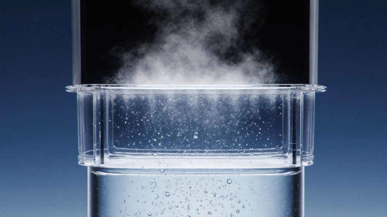 Membrane system separating water vapor from air, collecting droplets into a reservoir.