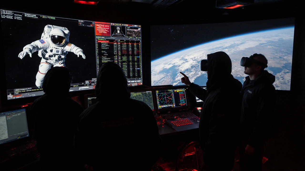 Mission control team monitoring EVA data on holographic displays during a simulated emergency.