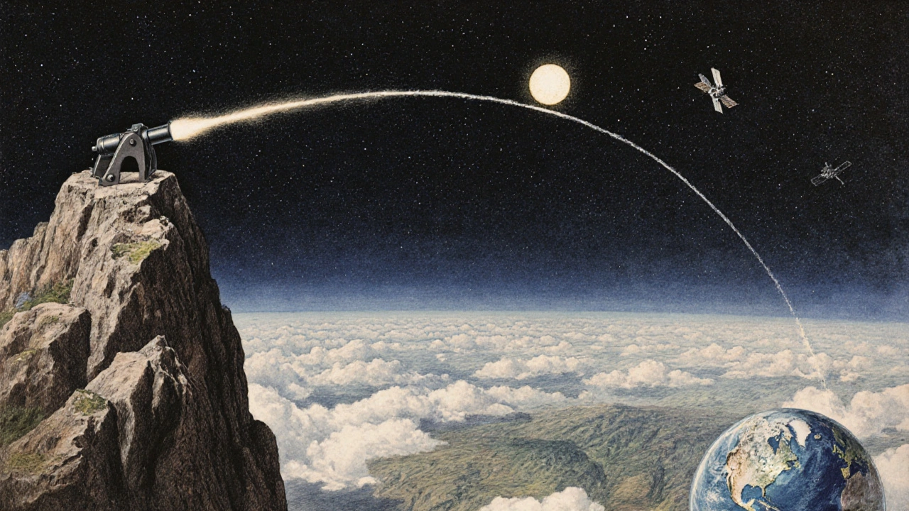 Newton&#039;s cannonball fired from a mountain, its path curving with Earth&#039;s horizon as it orbits endlessly in space.