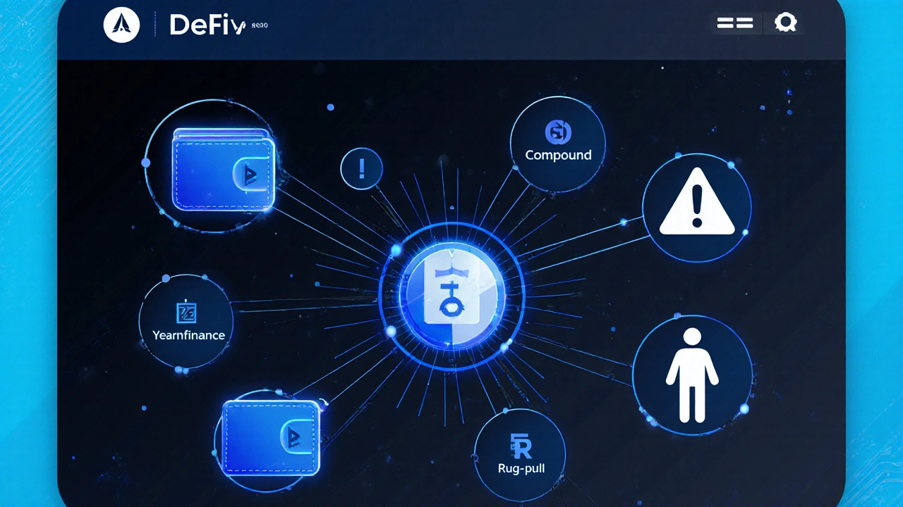 Overhead view of interconnected DeFi protocols with automated yield paths and a rug-pull warning.