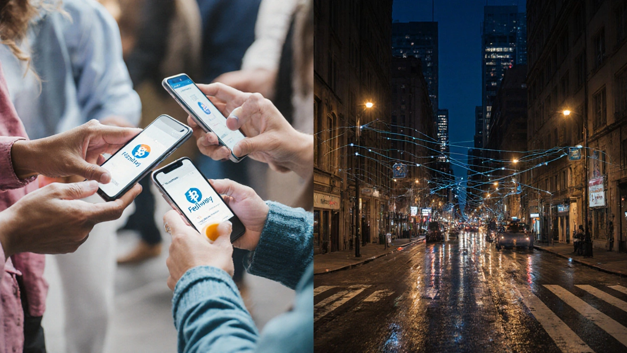 People sending money via apps while invisible blockchain networks flow beneath a city, with digital transaction trails.