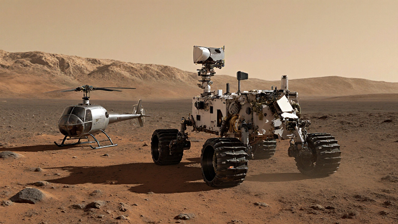 Perseverance rover with Ingenuity helicopter beside a sample tube on Mars.