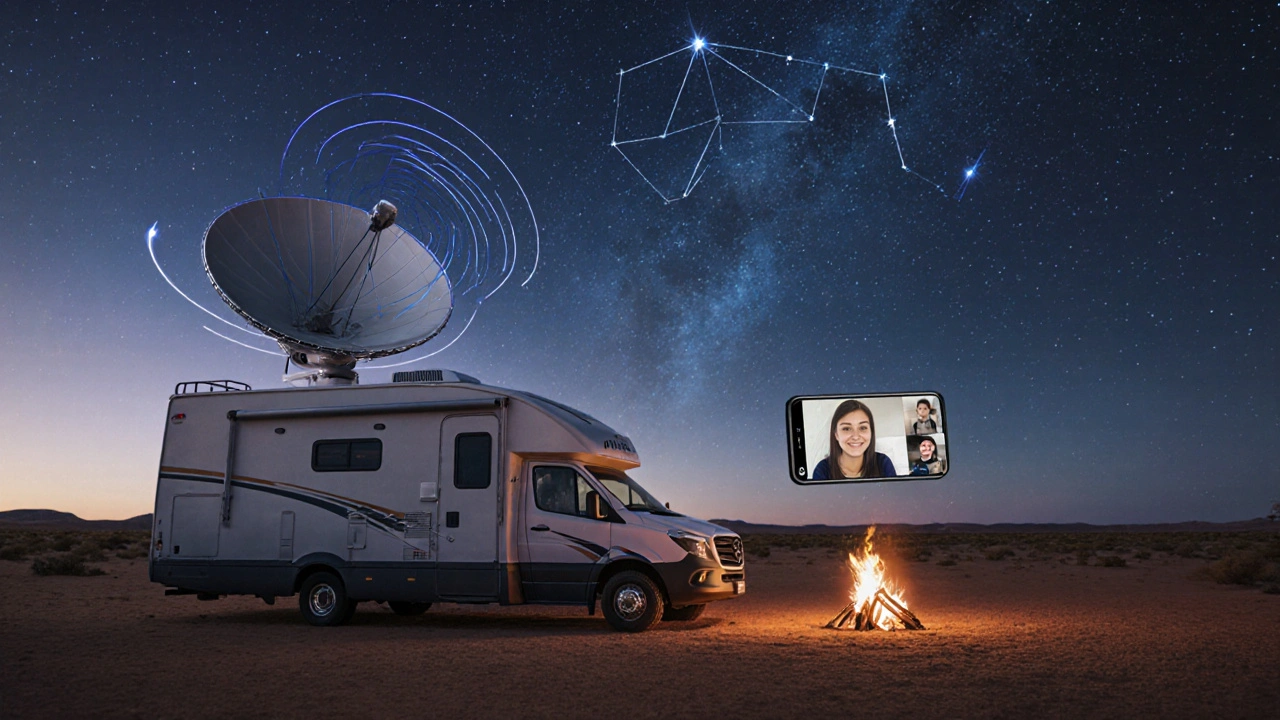 RV in Australian Outback with Starlink dish connected to orbiting satellites.