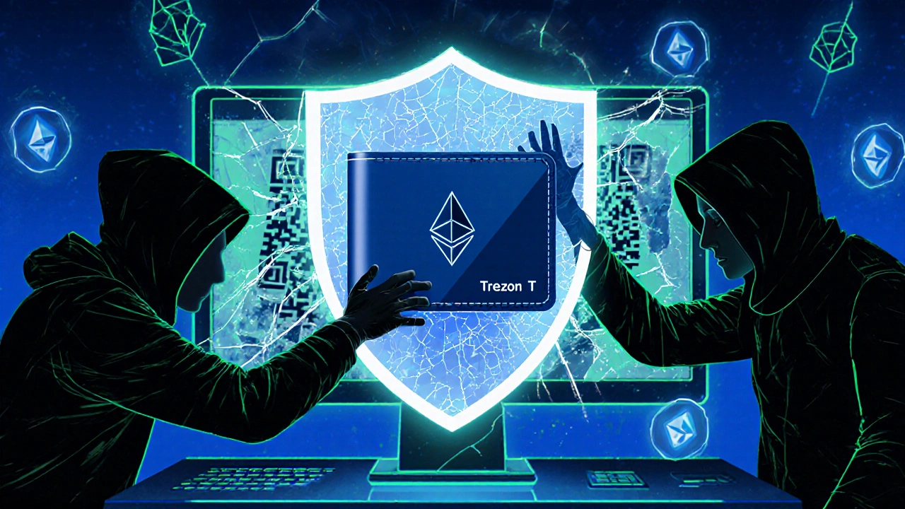 Shield of blockchain nodes protecting hardware wallet from digital hackers in cyberpunk style.