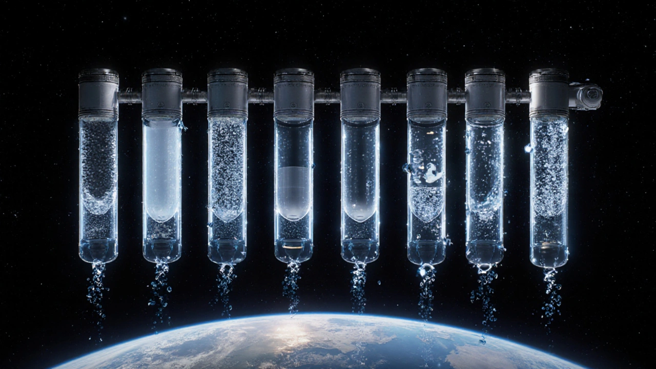 Six-stage water purification system floating in zero gravity, showing each step of filtration and disinfection with glowing transparent tubes.
