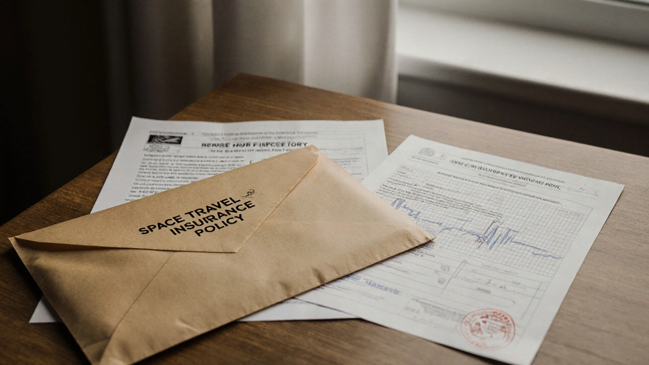 Space travel insurance policy envelope with medical documents and signed waiver on a table.