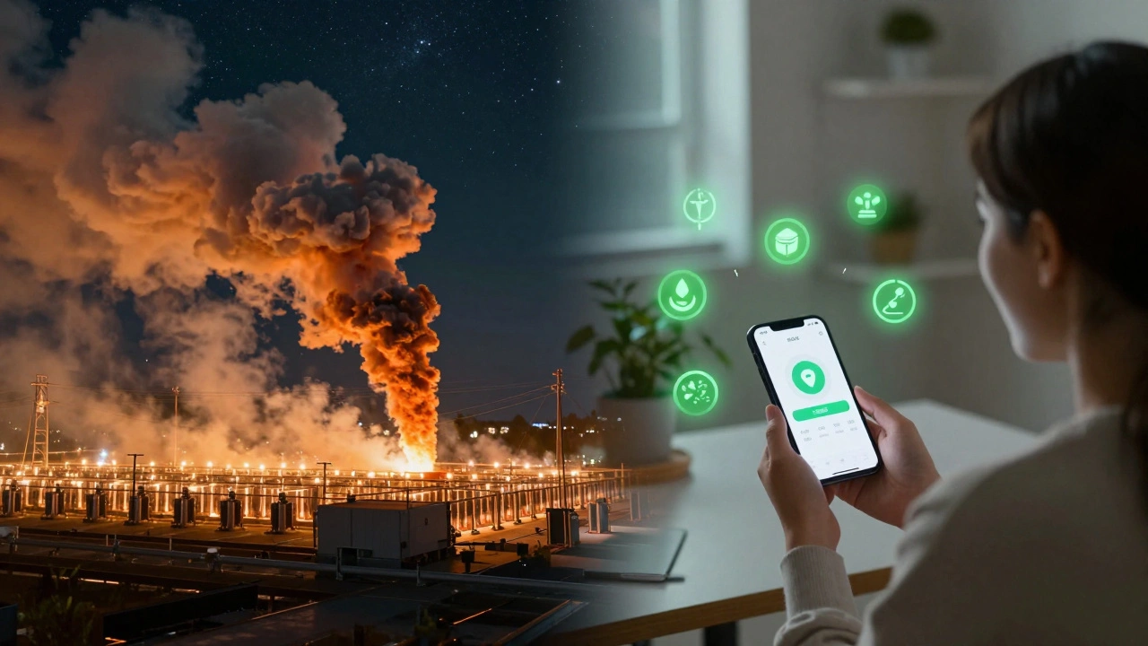 Split scene: left, a large mining farm at night; right, a person staking crypto peacefully at home.