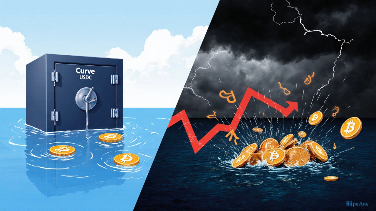 Split scene: stable stablecoin pool on left, volatile token pair with price swings on right.