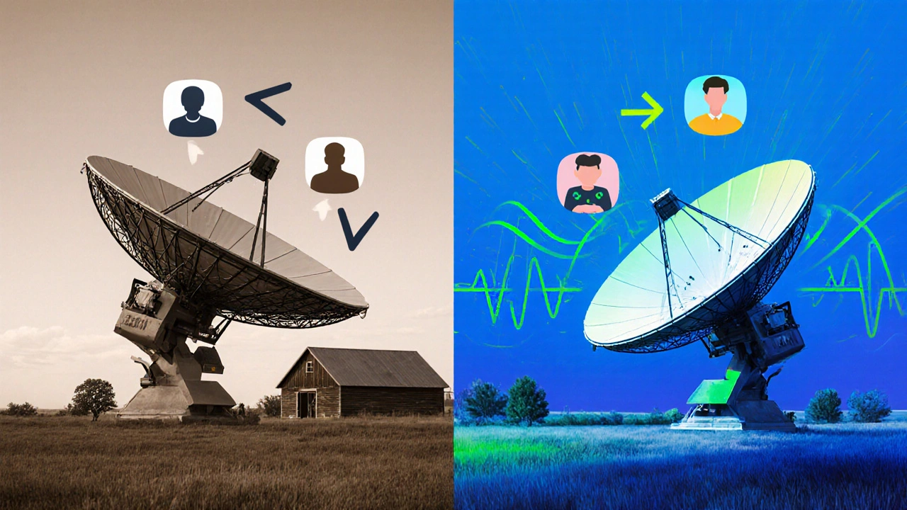Split-screen comparison of slow GEO satellite internet vs fast Starlink LEO service.