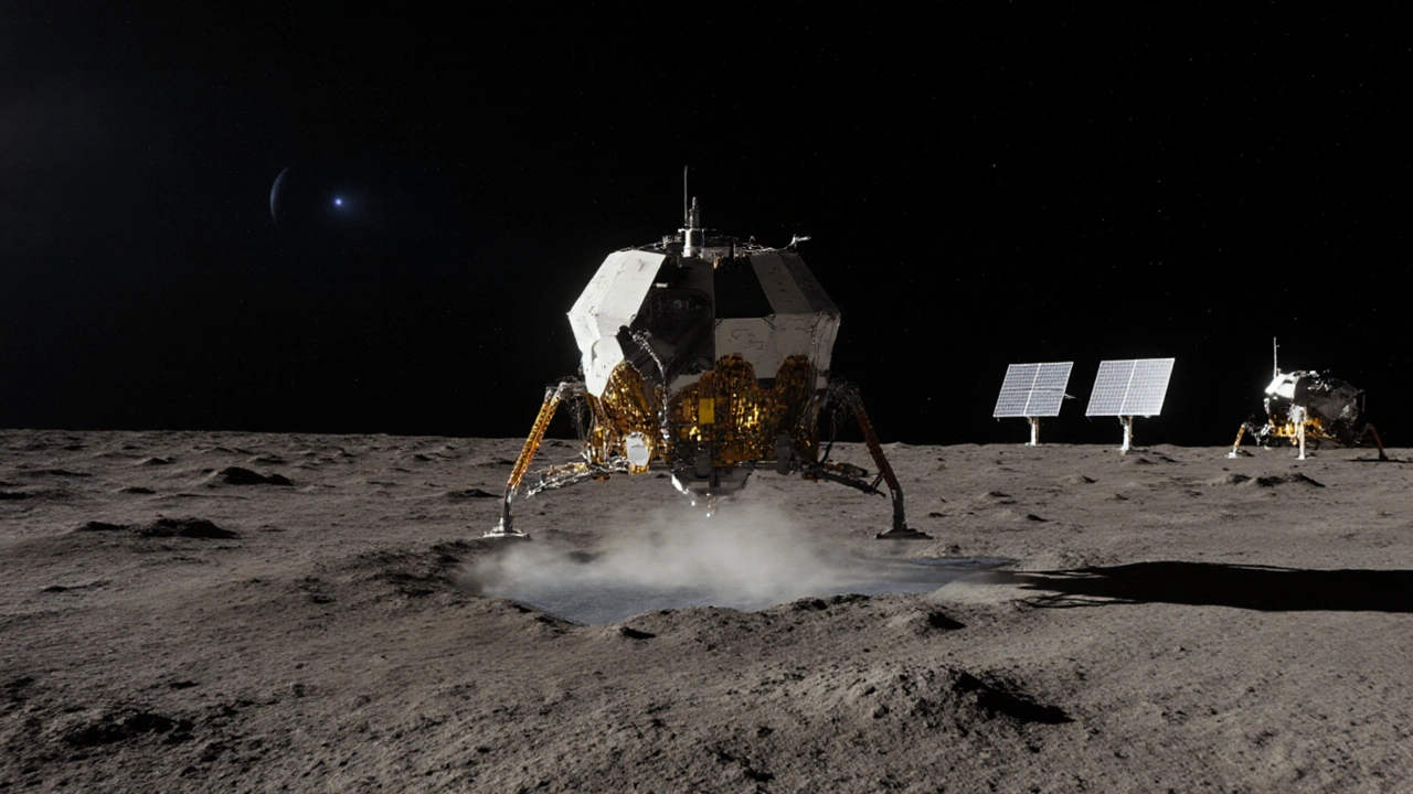Starship lander touching down on a smooth, dust-free sintered regolith surface on the Moon.