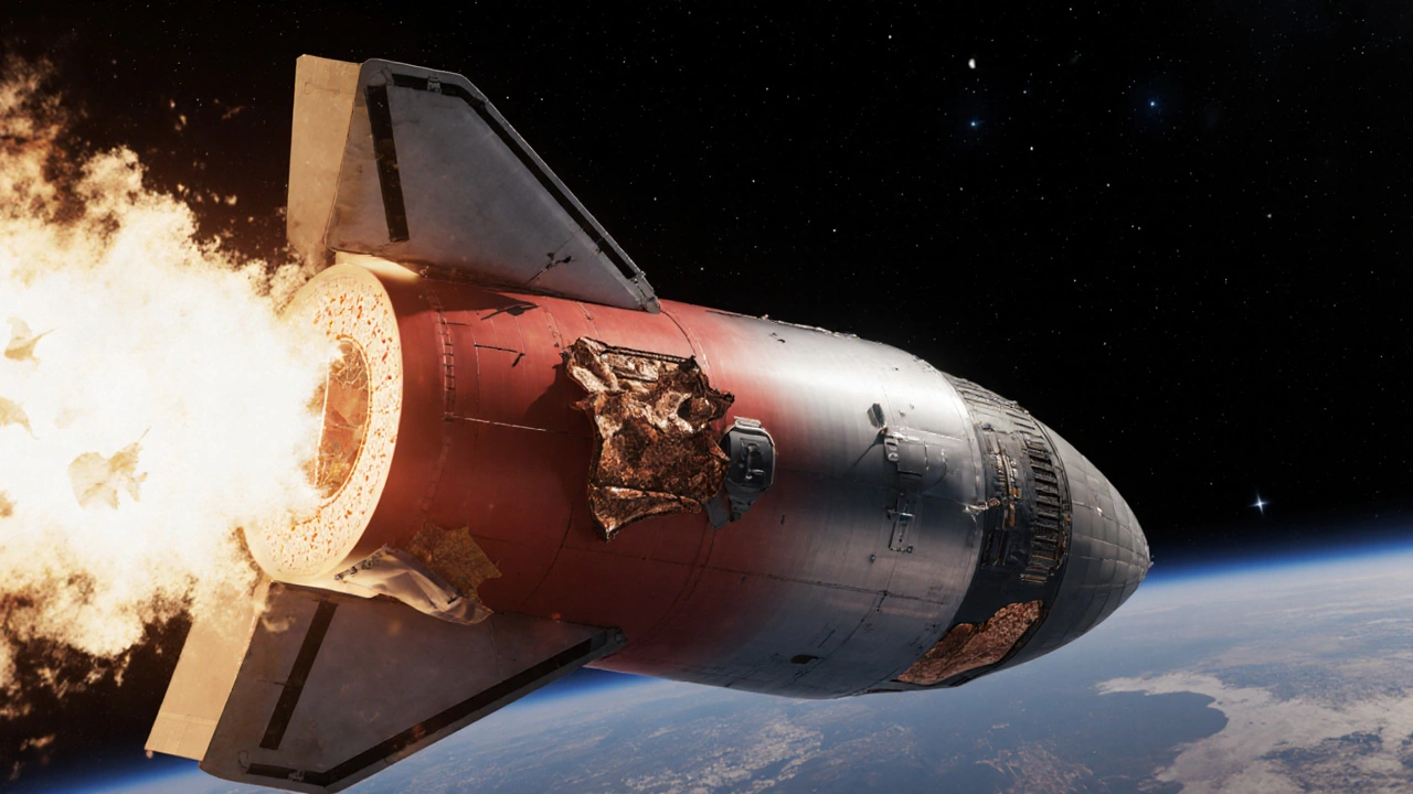 Starship rocket reentering atmosphere with glowing stainless steel hull and peeling heat shield.