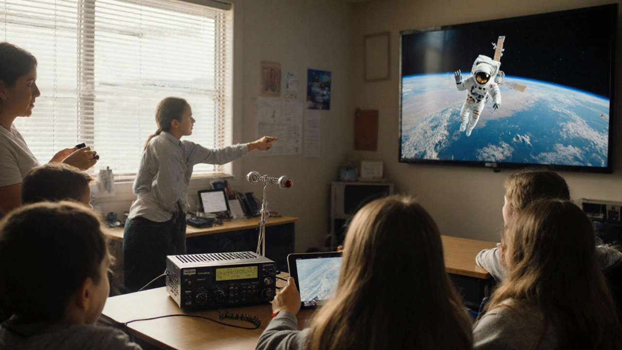 Students in a classroom watching a live video call from an astronaut on the International Space Station.