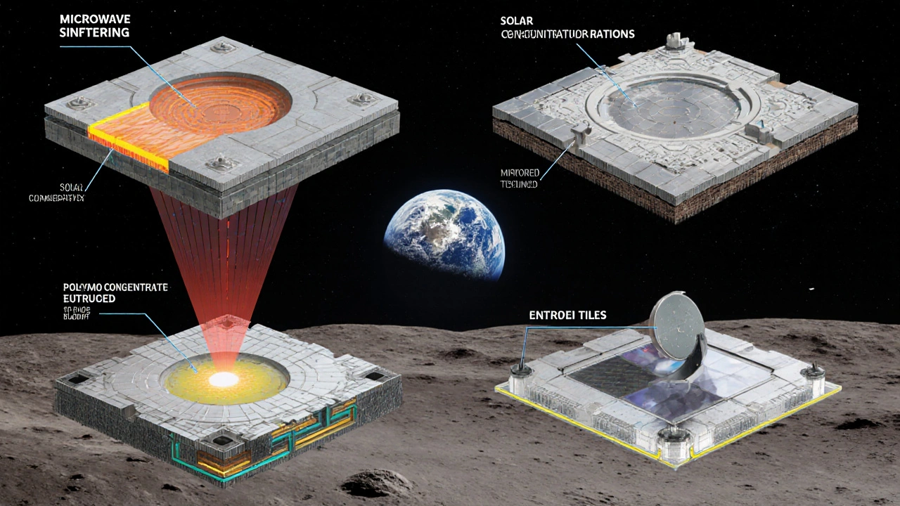 Technical cross-section comparison of four methods for building lunar landing pads.