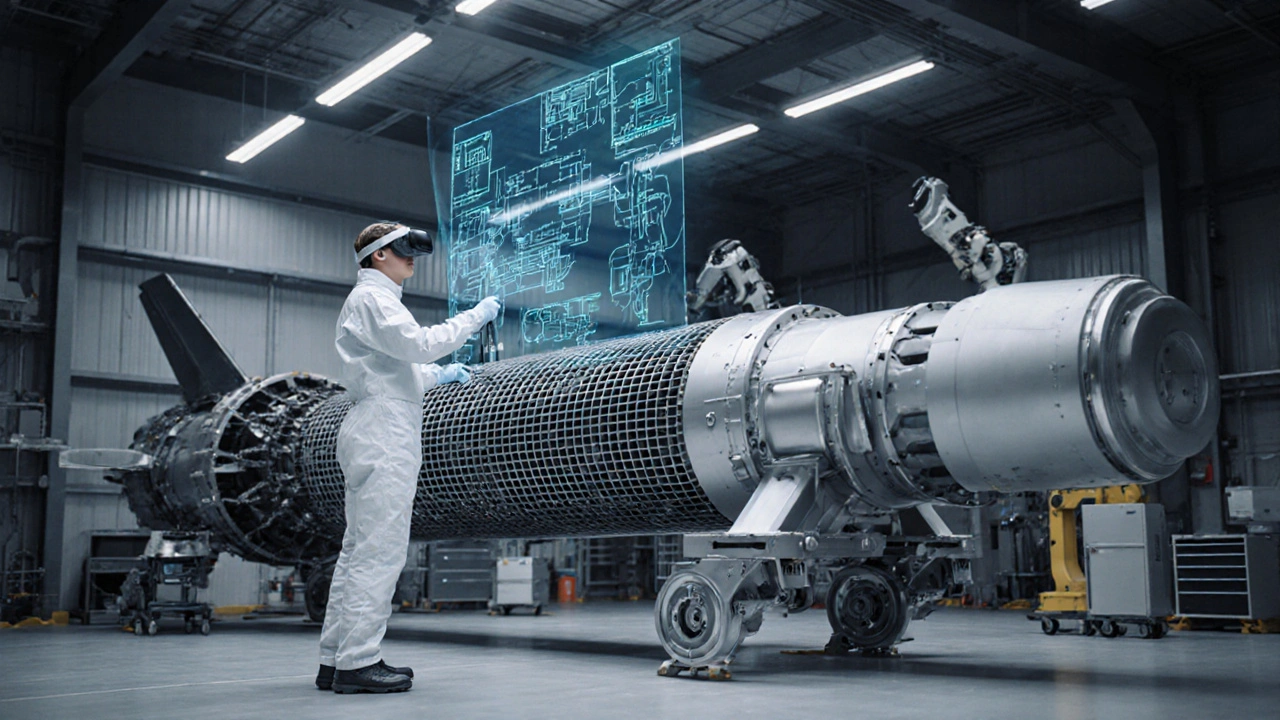 Technicians using AR headsets to inspect a reused rocket&#039;s heat shield in a high-tech facility.