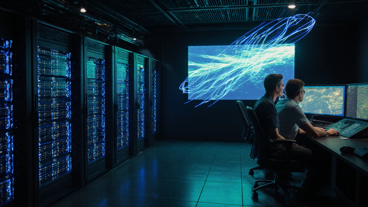 The ESA&#039;s Space HPC supercomputer displays real-time solar wind data in a high-tech control room.