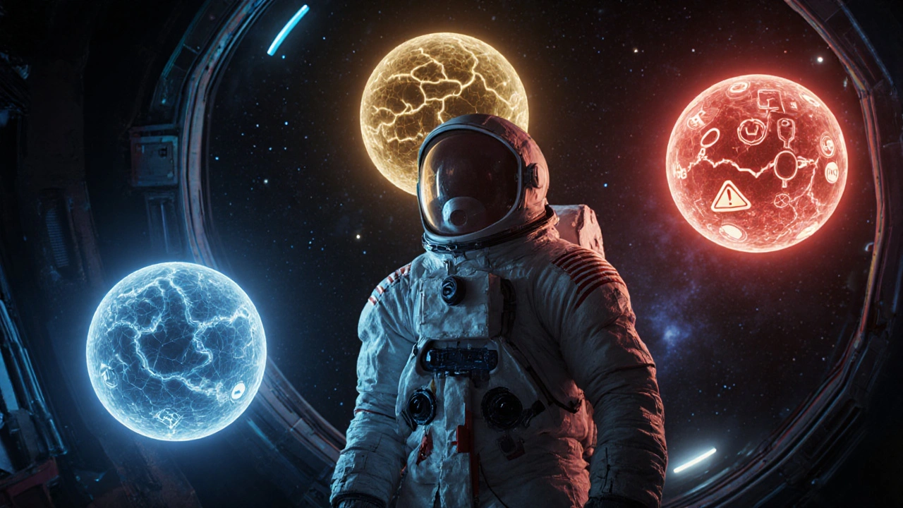 Three colored spheres representing cognitive workload zones surrounding an astronaut in space.