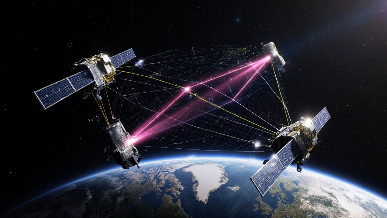 Three satellites linked by laser and microwave signals, forming a virtual telescope above Earth with real-time navigation data visualized in glowing grids.