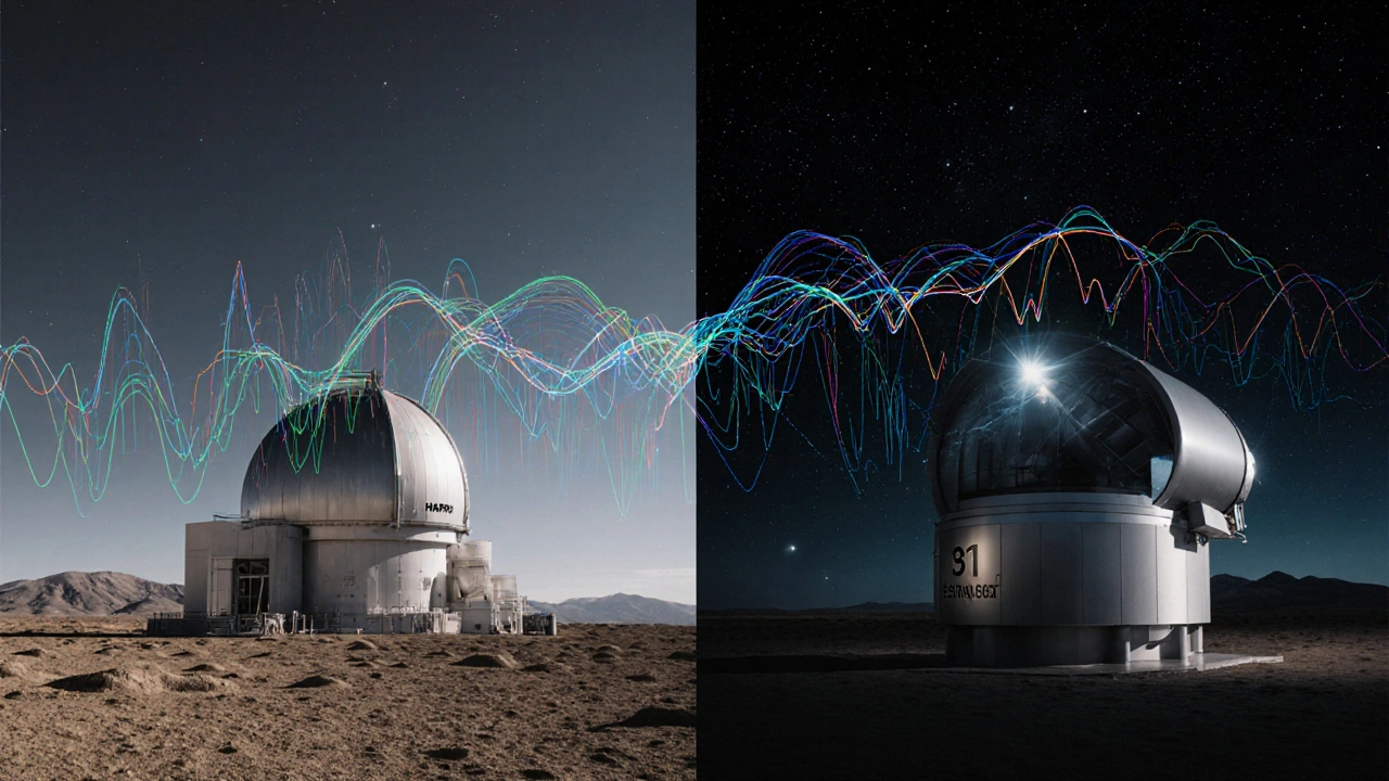 Two advanced spectrographs at observatories collecting starlight data to detect exoplanets.