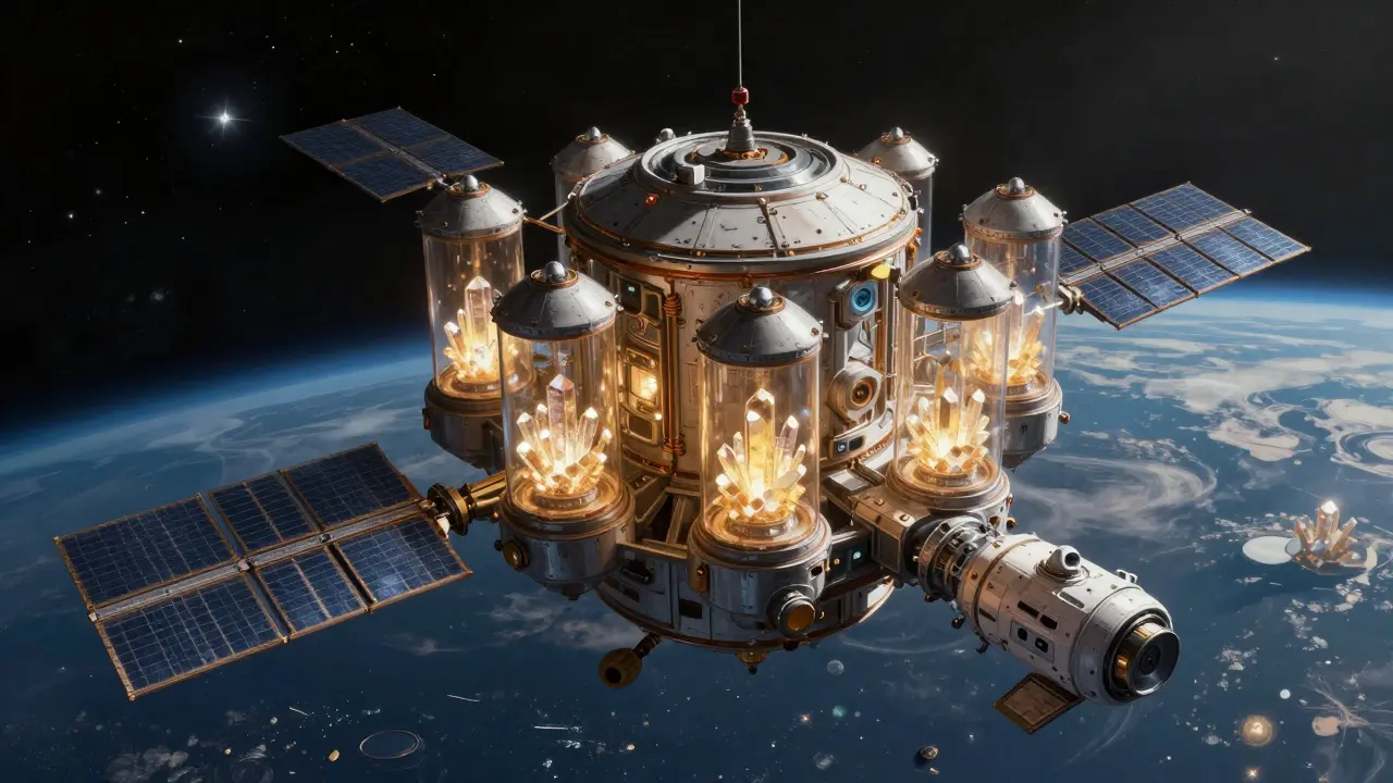 A commercial satellite in orbit producing crystals, sending a return pod to Earth against a star-filled background.