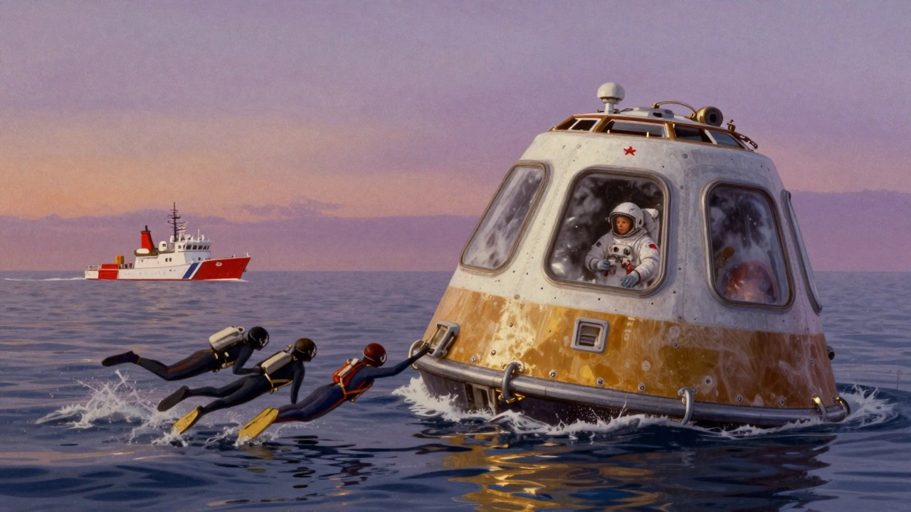 A commercial spacecraft capsule sinking in ocean at dusk, divers approaching as a rescue vessel arrives.