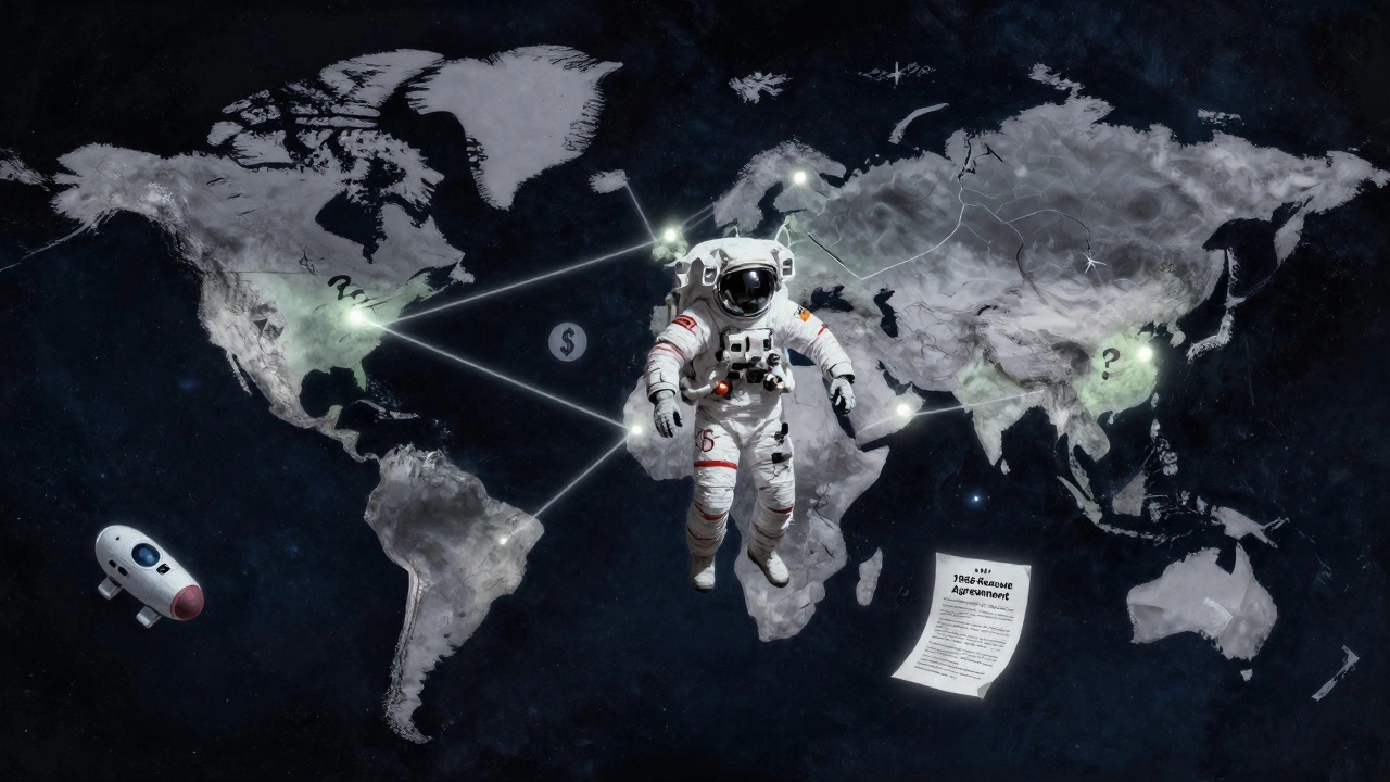 A global network of rescue connections centered on an astronaut in space, with legal and financial symbols floating around.