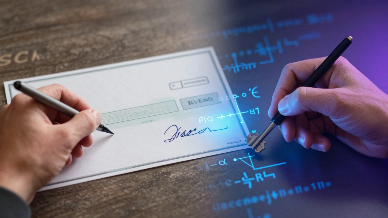 A hand signing a paper check on the left, and a digital hand generating a cryptographic signature on the right, transitioning from analog to digital.