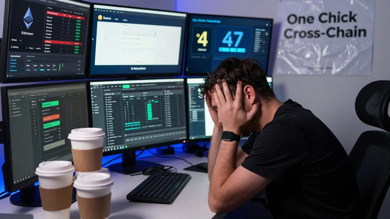 A stressed crypto user surrounded by multiple screens showing gas fees, empty wallets, and countdown timers during a failed cross-chain transfer.