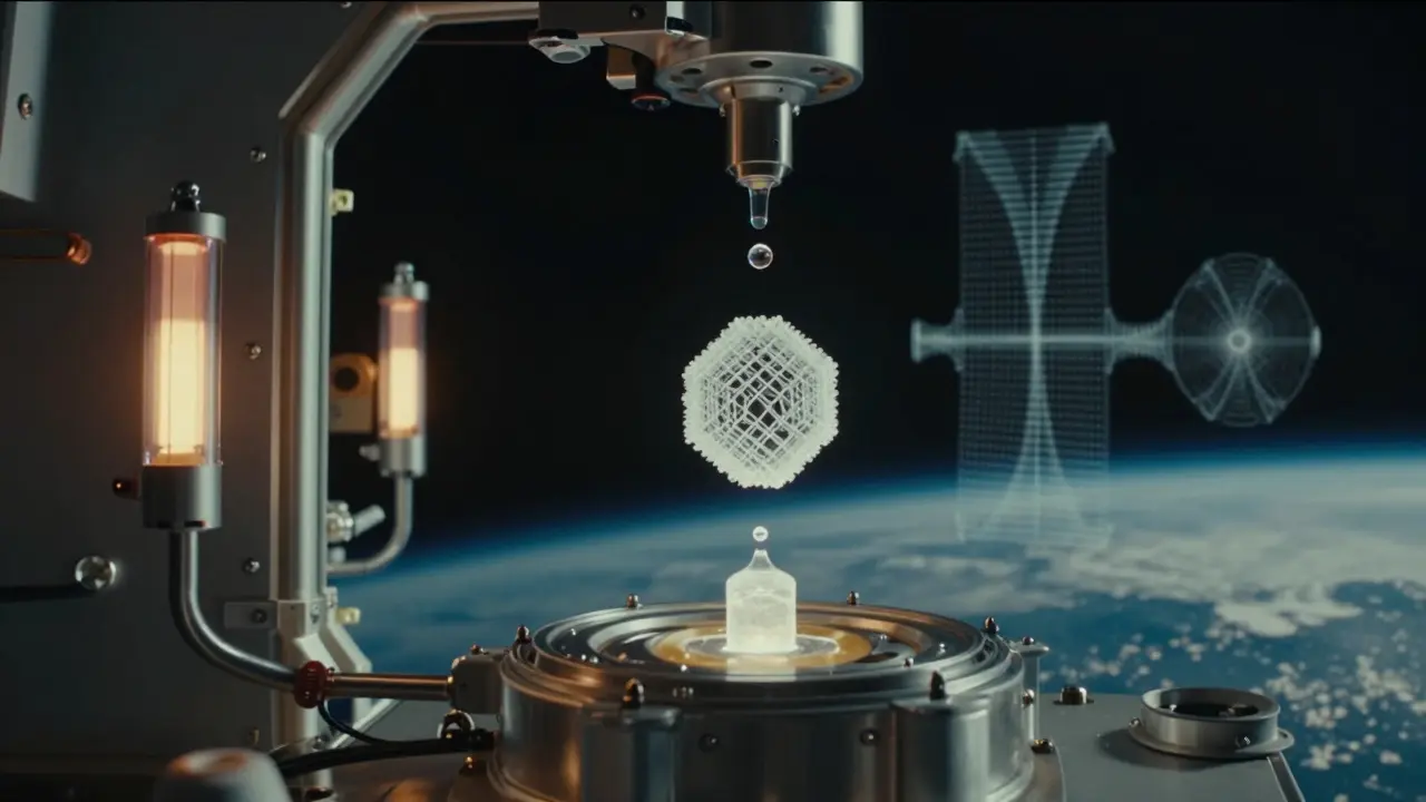 Automated crystal growth hardware on the ISS with floating solutions and glowing thermal systems in dark space.