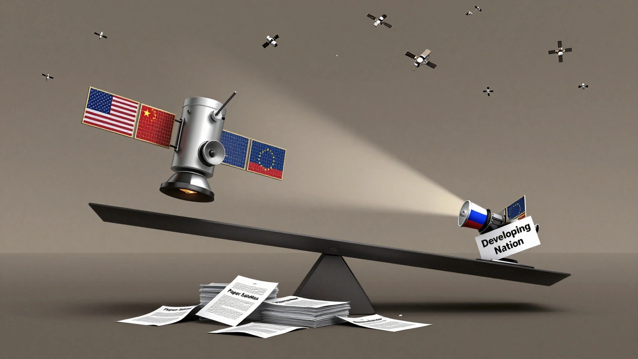 Balance scale with powerful nations&#039; satellites outweighing a single satellite from a developing nation.