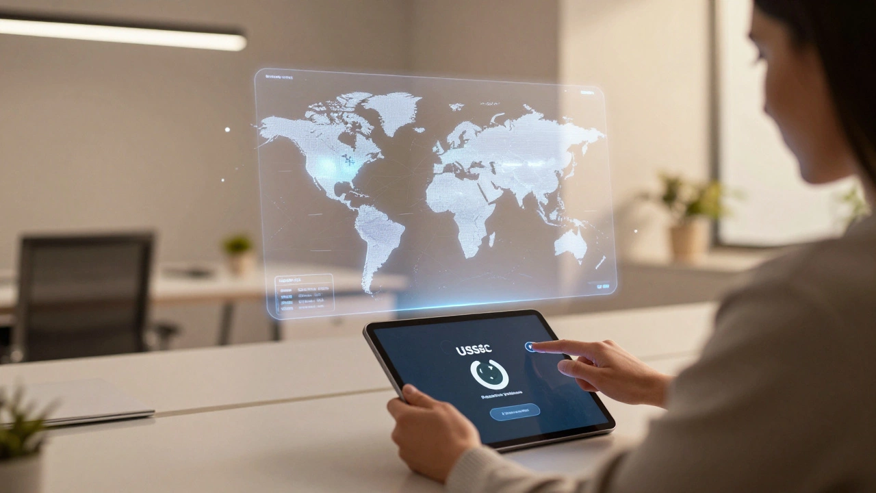 Business owner sending cross-border payment with one click using blockchain technology.