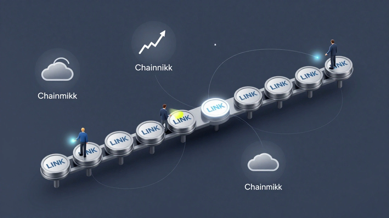 Chainlink nodes connecting real-world data to smart contracts, paid in LINK tokens.