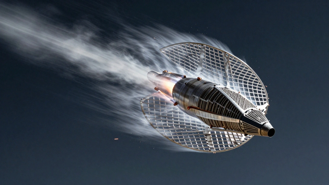 Close-up of a titanium grid fin rotating during hypersonic reentry, with plasma airflow swirling through its lattice structure.