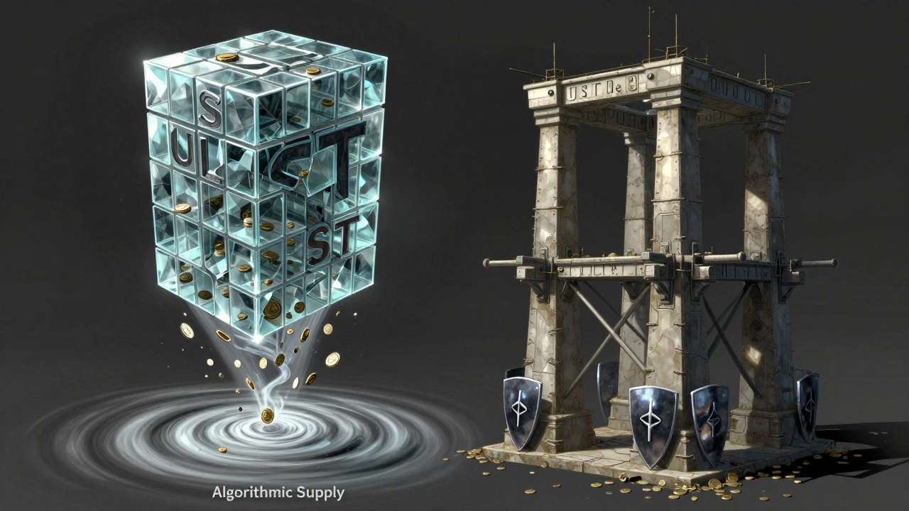 Collapsing algorithmic stablecoin tower next to a resilient hybrid stablecoin structure.