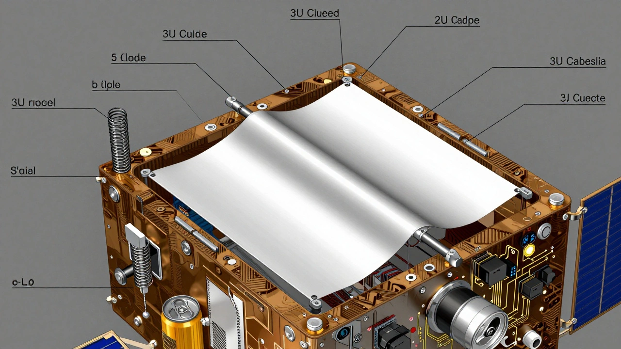 Cross-section of a CubeSat showing a compact, stowed drag sail mechanism inside.