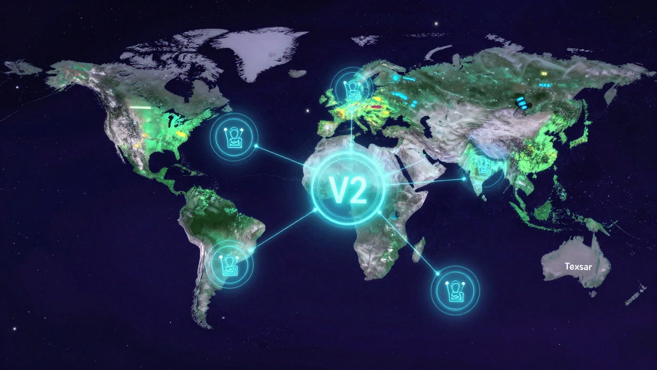 Decentralized mining network with global nodes connected to a floating blockchain smart contract, no central server.