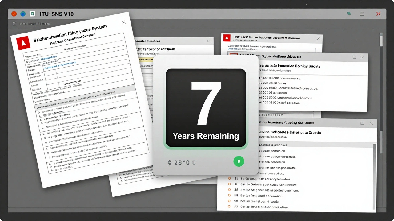 Digital dashboard of the ITU&#039;s SNS V10 system with pending filings and a 7-year countdown timer.