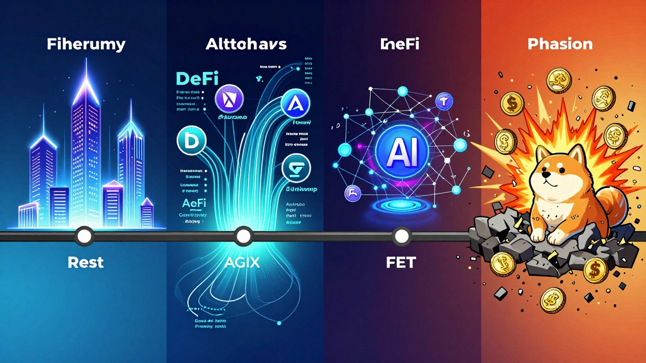 Four-phase visual timeline of altcoin season: infrastructure, DeFi, AI tokens, and meme coins exploding then crashing.