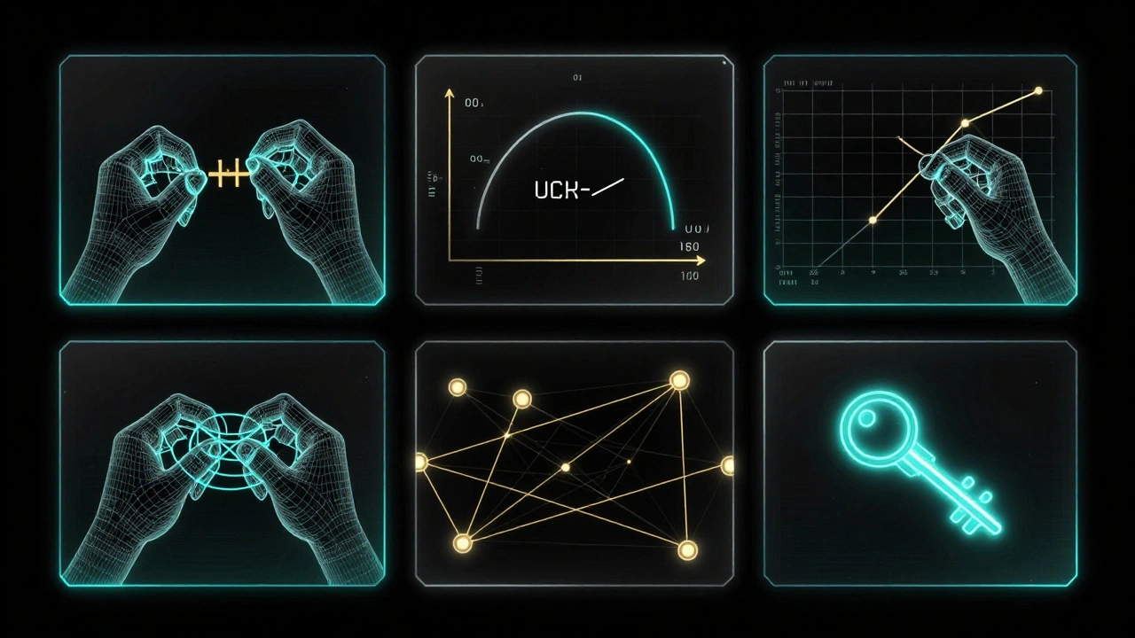 Four transparent panels illustrating a blockchain transaction being hashed, signed, broadcast, and verified with glowing lines on black.