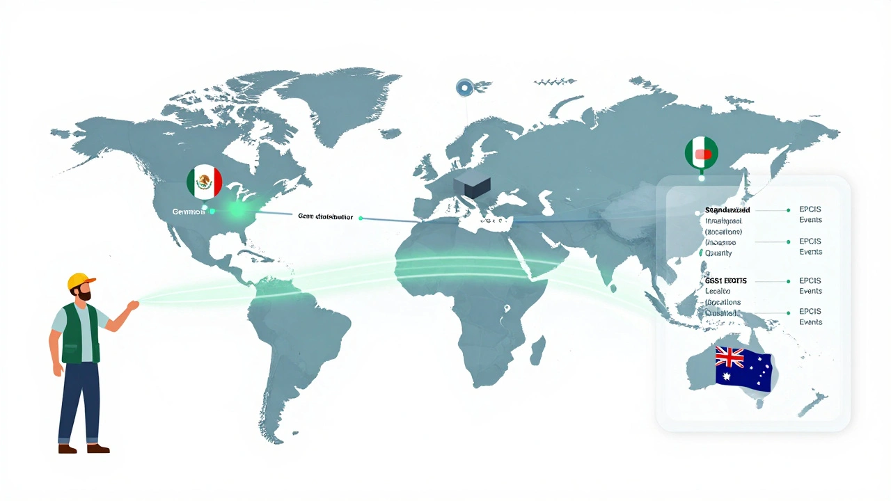 Global supply chain network linked by blockchain with GS1 EPCIS events flowing between farmers, distributors, and retailers.