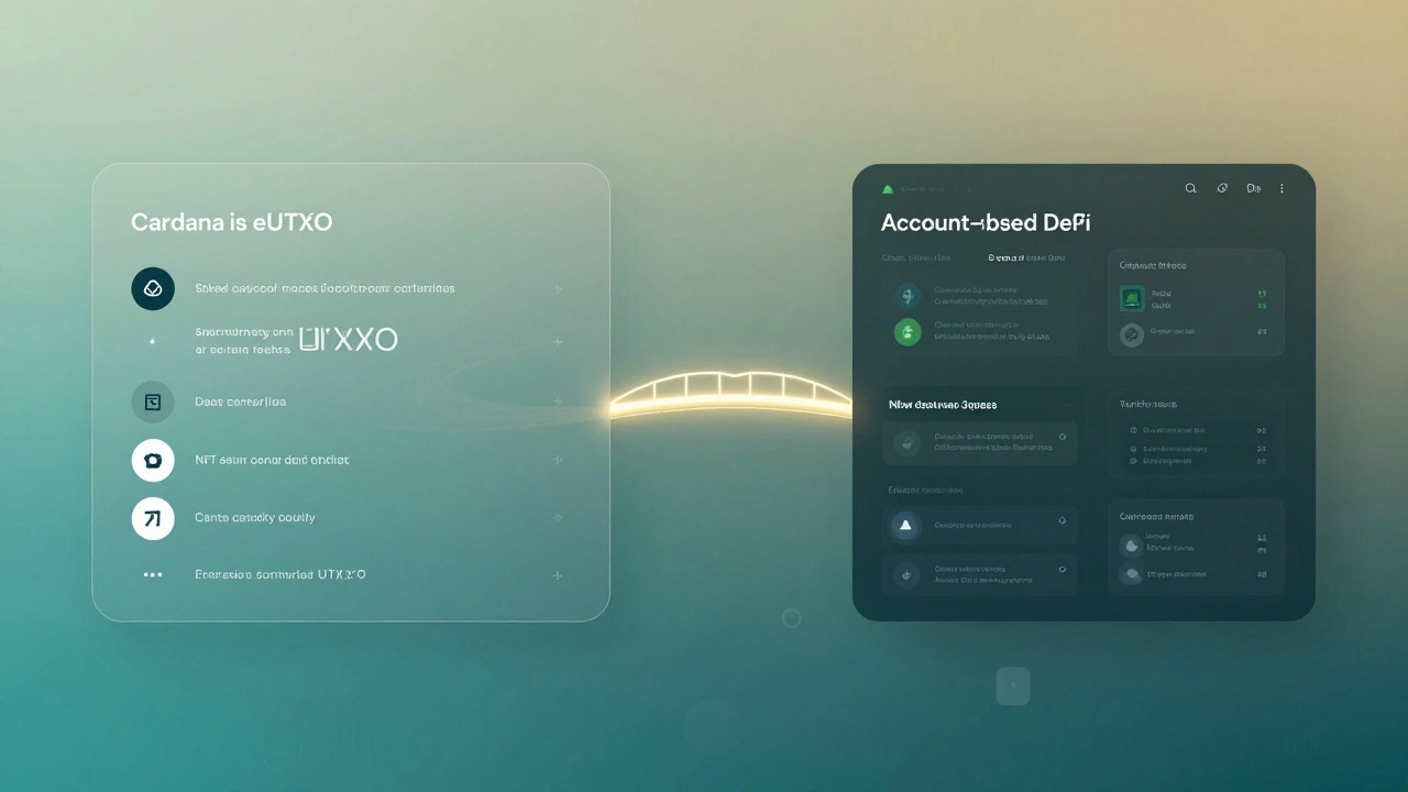Hybrid blockchain interface showing eUTXO and account models connected by a glowing bridge.