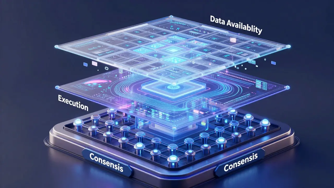 Modular blockchain layers showing consensus, execution, and data availability as interconnected holographic components.