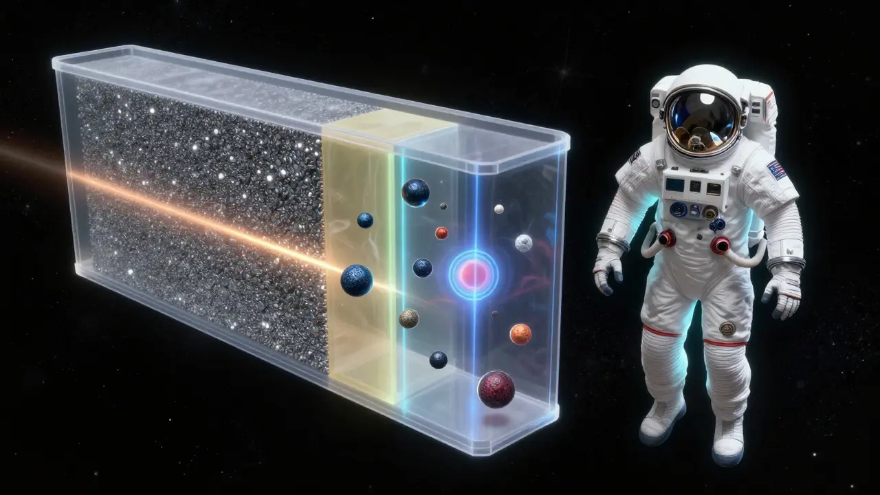 Multi-layered smart spacesuit lining blocking radiation and regulating temperature