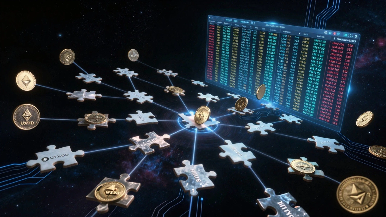 Parallel UTXO transactions floating freely versus a congested account-based blockchain ledger.