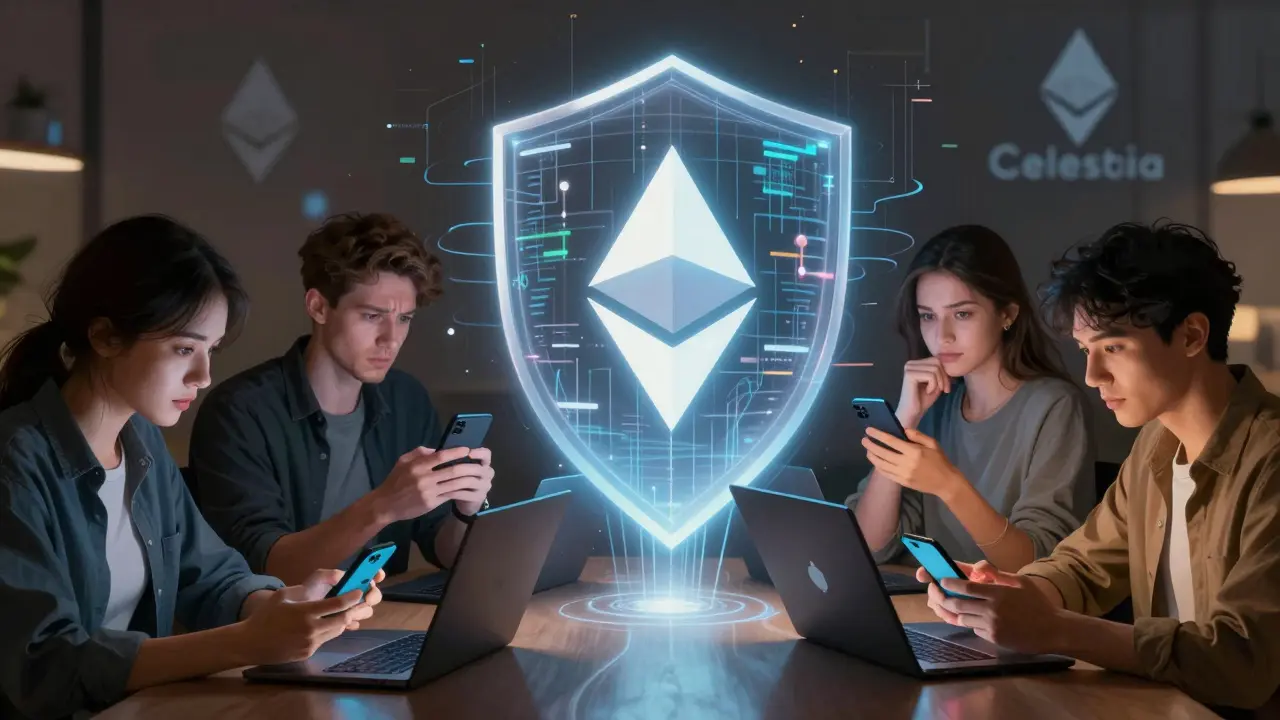 People using crypto apps protected by an invisible data availability shield, representing secure trustless systems.