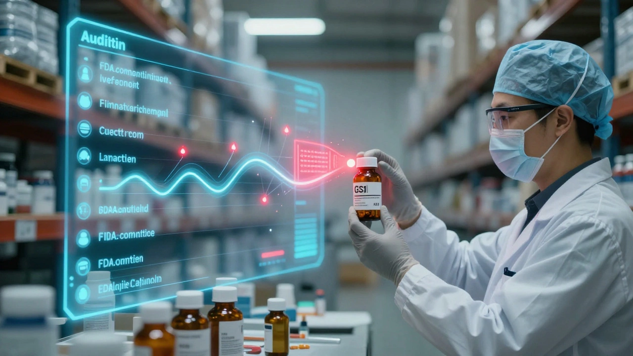 Pharmaceutical worker scanning a bottle, with real-time blockchain verification and temperature alerts glowing in the air.