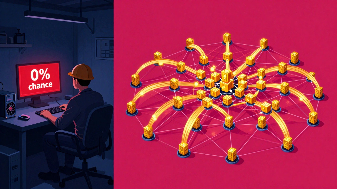 Split image: single GPU miner with failure warning vs. network of miners sharing block rewards in golden streams.