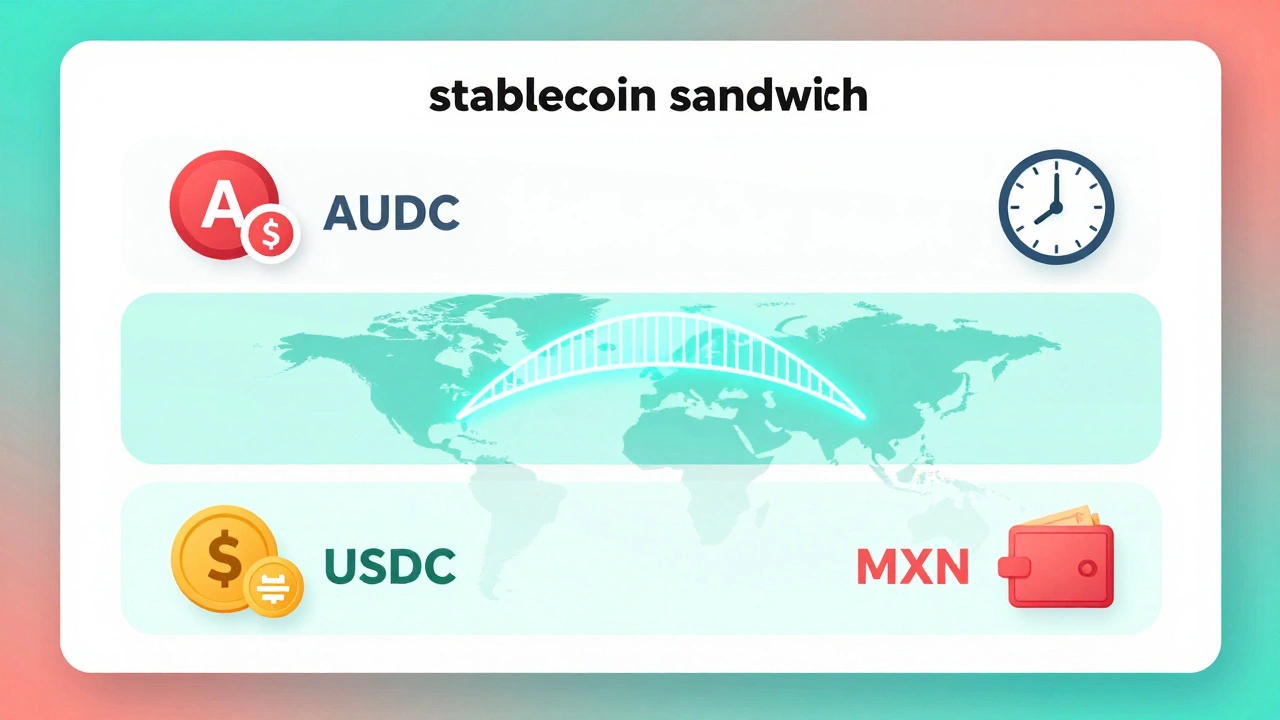 Stablecoin sandwich process: AUD to USDC to MXN with blockchain as the bridge.
