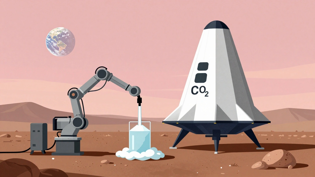 Starship on Mars using atmospheric CO2 to produce methane fuel under a pink sunset.