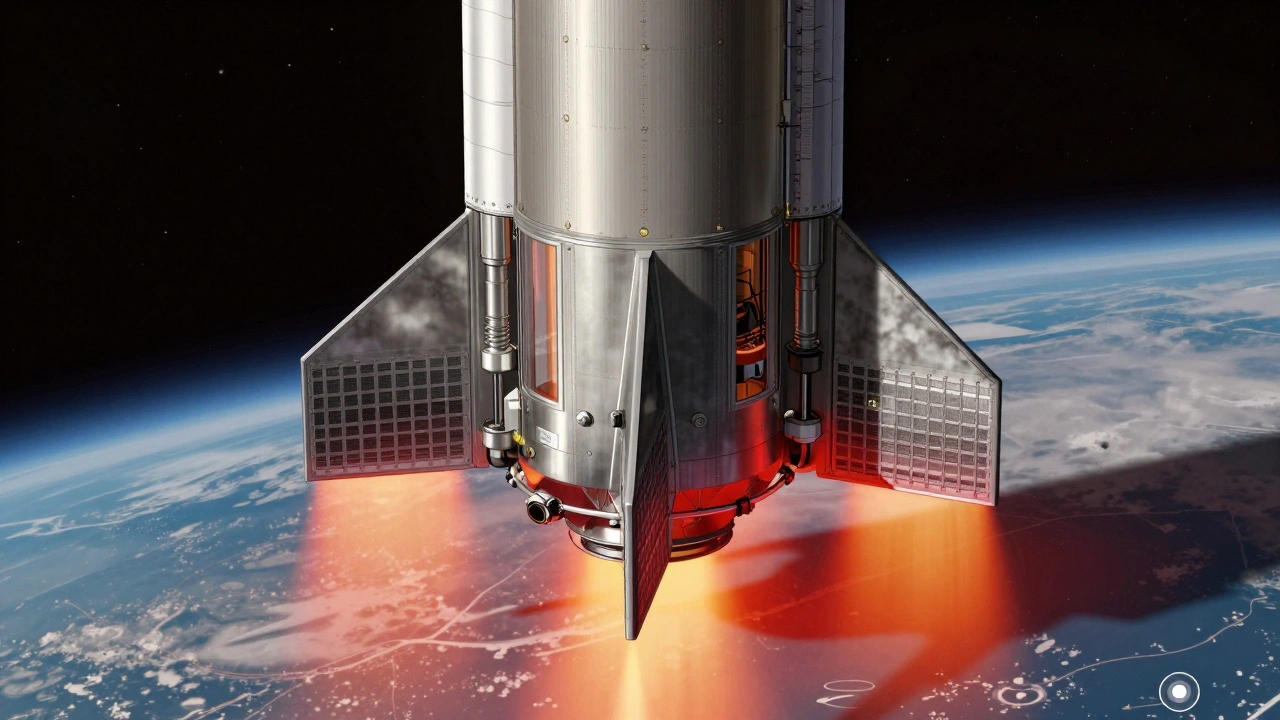 Starship Super Heavy V3 with three lower-mounted grid fins integrated into its fuel tank, shielded from reentry heat.